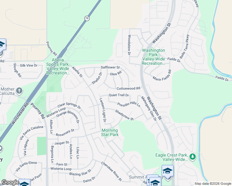 map of restaurants, bars, coffee shops, grocery stores, and more near 32599 Cottonwood Road in Winchester
