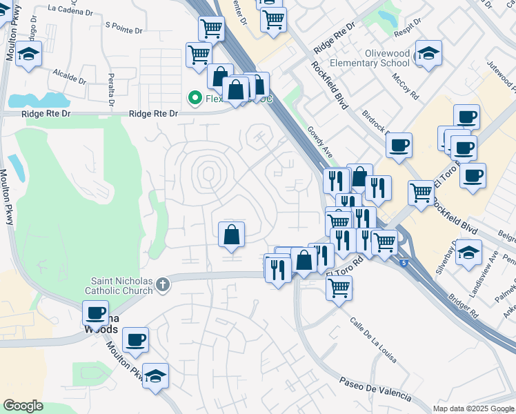 map of restaurants, bars, coffee shops, grocery stores, and more near Via Mariposa East in Laguna Woods