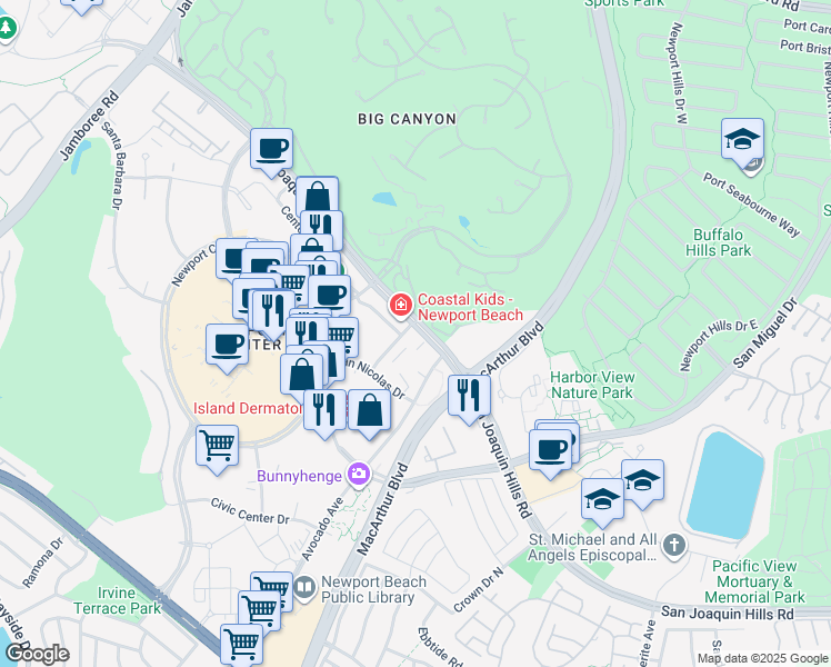 map of restaurants, bars, coffee shops, grocery stores, and more near 4 El Dorado Lane in Newport Beach