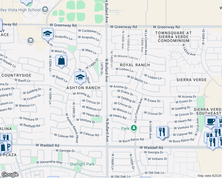map of restaurants, bars, coffee shops, grocery stores, and more near 14662 West Evans Drive in Surprise