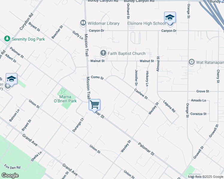 map of restaurants, bars, coffee shops, grocery stores, and more near 20691 Como Street in Wildomar