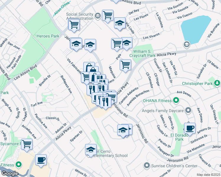 map of restaurants, bars, coffee shops, grocery stores, and more near 25910 Acero in Mission Viejo