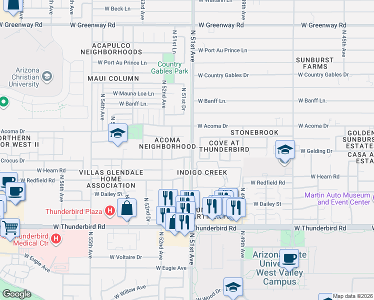 map of restaurants, bars, coffee shops, grocery stores, and more near 5104 West Gelding Drive in Glendale