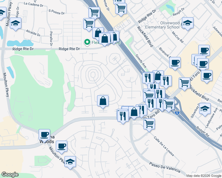 map of restaurants, bars, coffee shops, grocery stores, and more near 2183 Via Mariposa East in Laguna Woods