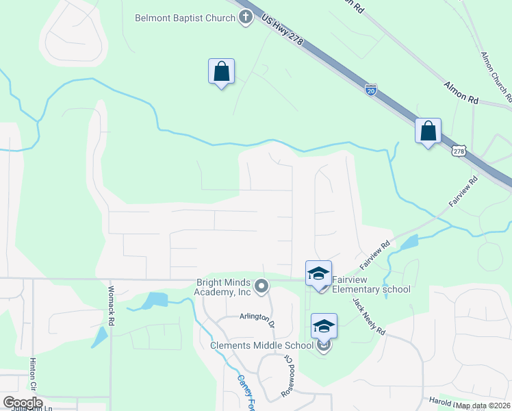 map of restaurants, bars, coffee shops, grocery stores, and more near 45 Fairwinds Drive in Covington
