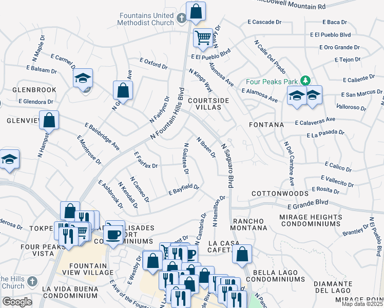 map of restaurants, bars, coffee shops, grocery stores, and more near 14259 North Ashbrook Drive in Fountain Hills