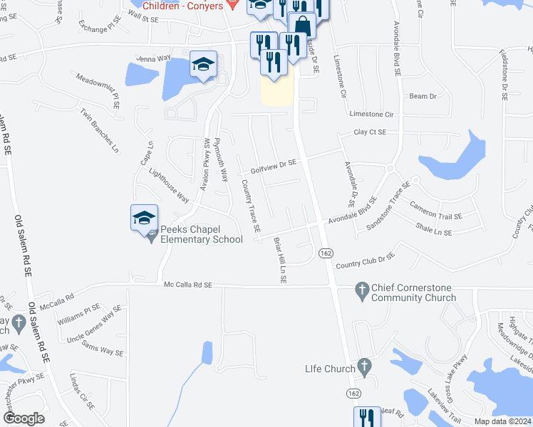 map of restaurants, bars, coffee shops, grocery stores, and more near 2644 Fieldstone View Lane Southeast in Conyers