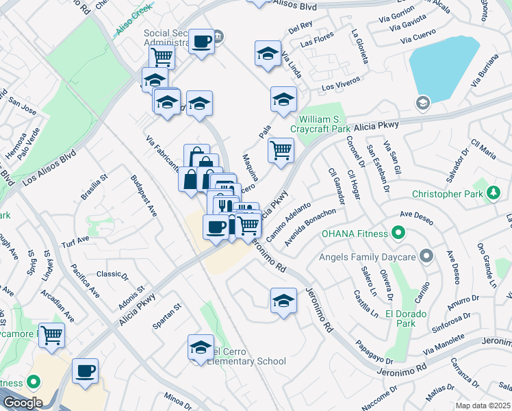 map of restaurants, bars, coffee shops, grocery stores, and more near 25910 Acero in Mission Viejo