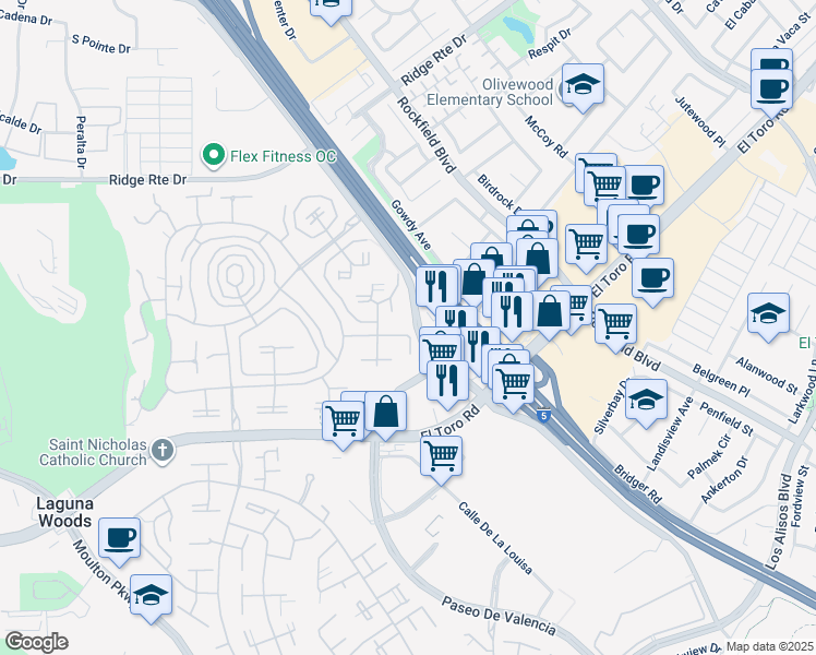 map of restaurants, bars, coffee shops, grocery stores, and more near 2152 Ronda Granada in Laguna Woods