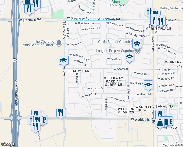 map of restaurants, bars, coffee shops, grocery stores, and more near 15950 West Evans Drive in Surprise