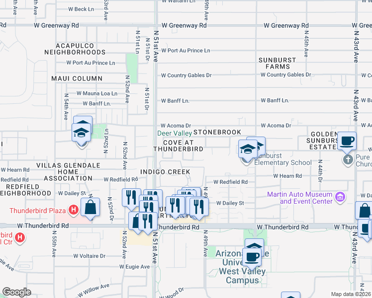 map of restaurants, bars, coffee shops, grocery stores, and more near 14254 North 49th Drive in Glendale