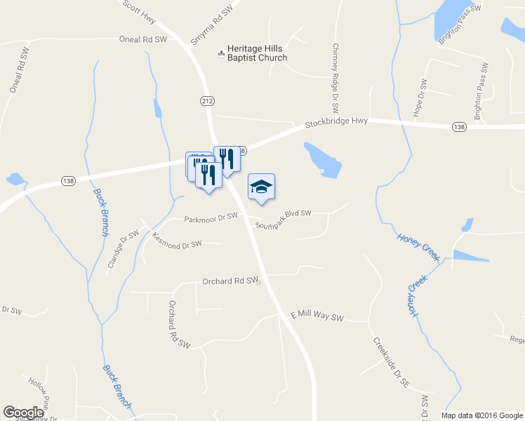 map of restaurants, bars, coffee shops, grocery stores, and more near 2815 Highway 212 in Conyers