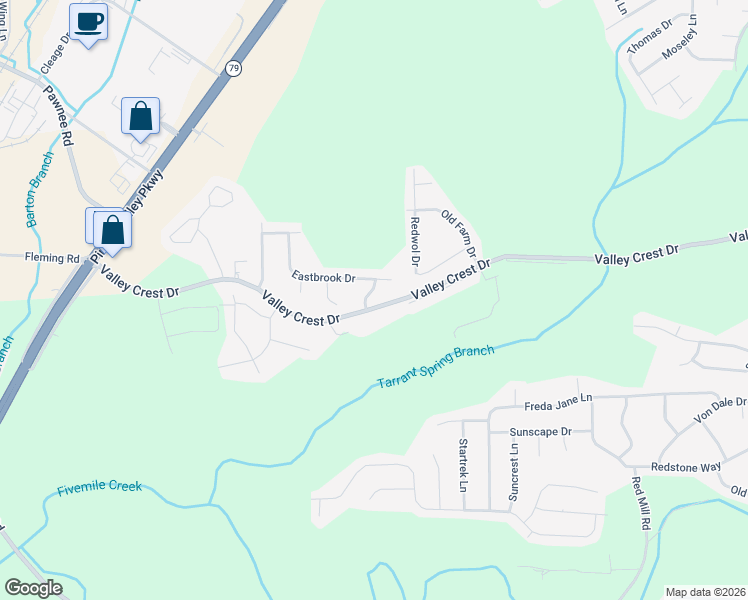 map of restaurants, bars, coffee shops, grocery stores, and more near 443 Valley Crest Drive in Birmingham