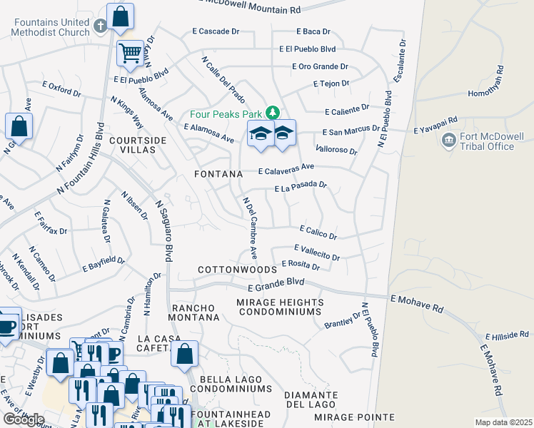 map of restaurants, bars, coffee shops, grocery stores, and more near 14228 North Silverado Drive in Fountain Hills
