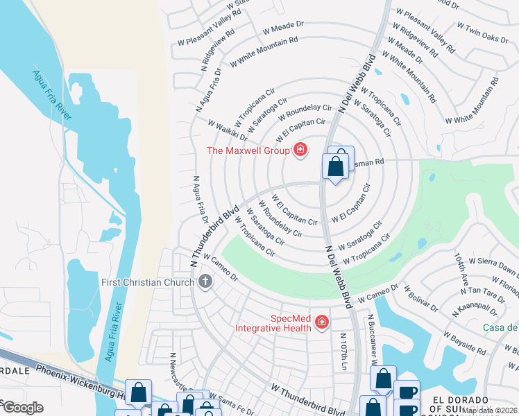 map of restaurants, bars, coffee shops, grocery stores, and more near 10906 West El Capitan Circle in Sun City