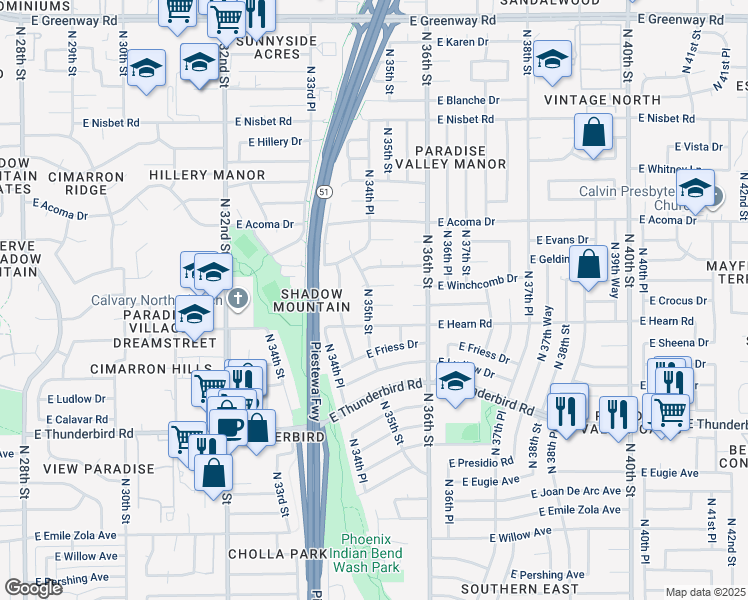map of restaurants, bars, coffee shops, grocery stores, and more near 3515 East Winchcomb Drive in Phoenix