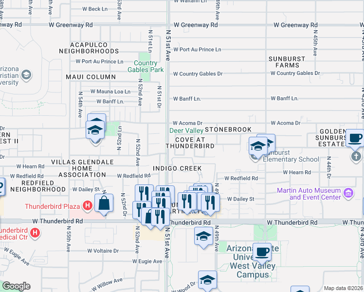 map of restaurants, bars, coffee shops, grocery stores, and more near 5020 West Gelding Drive in Glendale