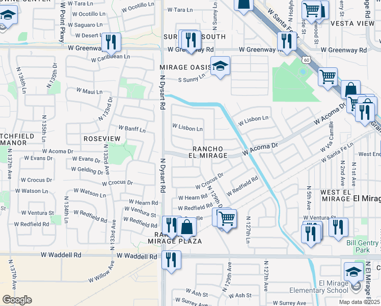 map of restaurants, bars, coffee shops, grocery stores, and more near 12946 West Mandalay Lane in El Mirage