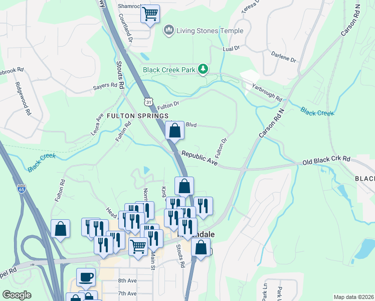 map of restaurants, bars, coffee shops, grocery stores, and more near 923 Republic Avenue in Fultondale