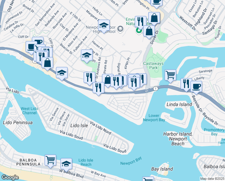 map of restaurants, bars, coffee shops, grocery stores, and more near 910 West Coast Highway in Newport Beach