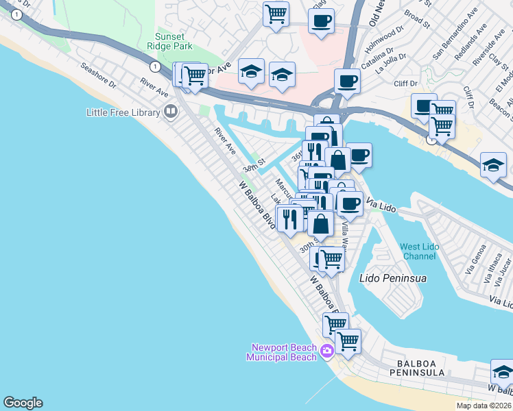 map of restaurants, bars, coffee shops, grocery stores, and more near 129 35th Street in Newport Beach