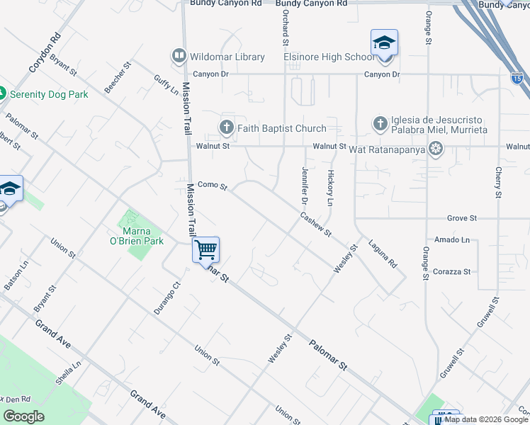 map of restaurants, bars, coffee shops, grocery stores, and more near 20734 Como Street in Wildomar