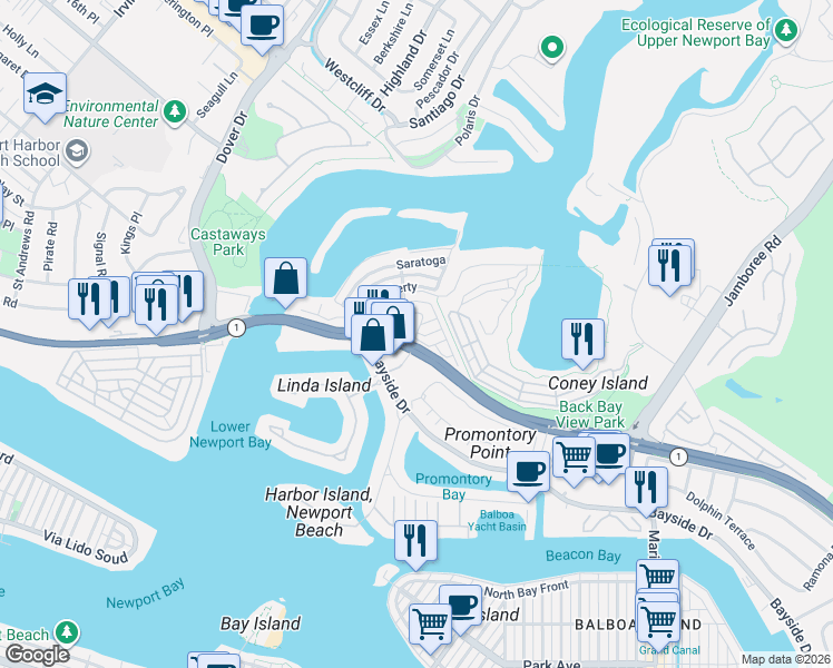 map of restaurants, bars, coffee shops, grocery stores, and more near 224 Lexington Circle in Newport Beach