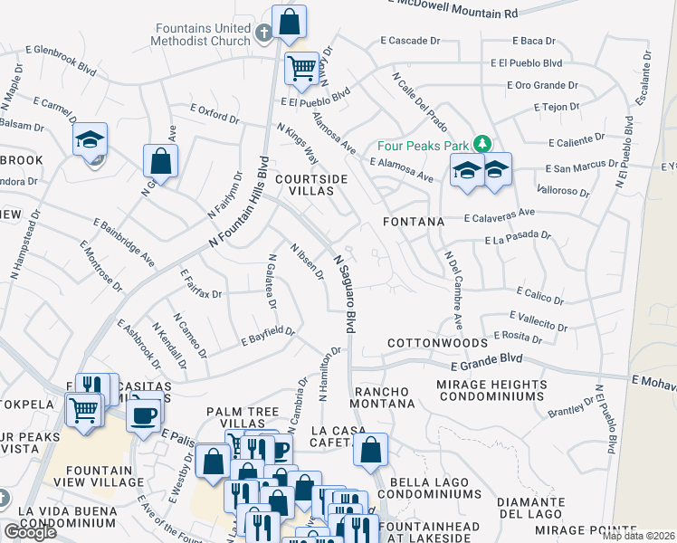 map of restaurants, bars, coffee shops, grocery stores, and more near 14258 North Boxwood Lane in Fountain Hills