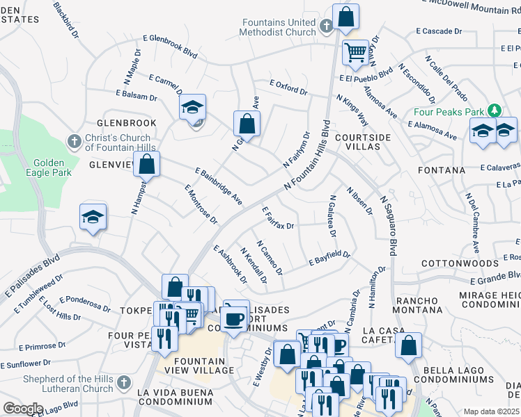 map of restaurants, bars, coffee shops, grocery stores, and more near 14250 North Fountain Hills Boulevard in Fountain Hills