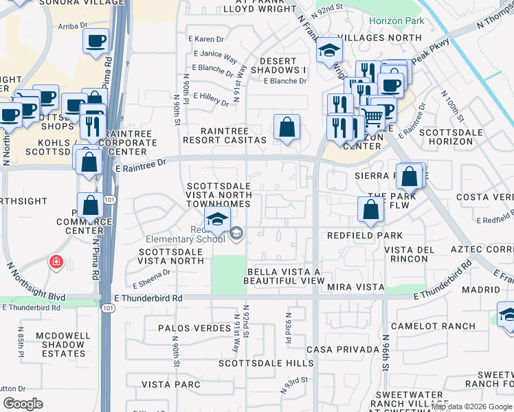 map of restaurants, bars, coffee shops, grocery stores, and more near 9240 East Redfield Road in Scottsdale