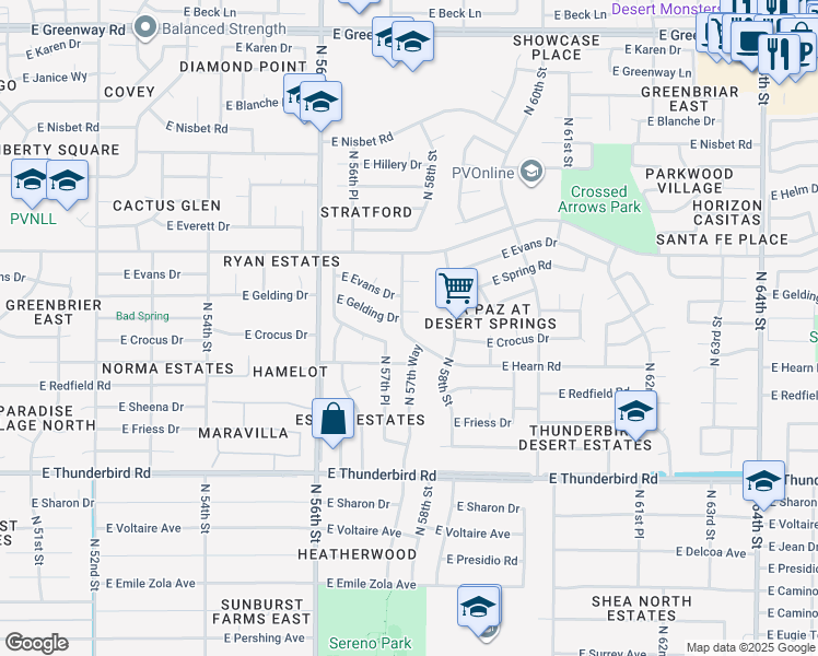 map of restaurants, bars, coffee shops, grocery stores, and more near 5745 East Gelding Drive in Scottsdale