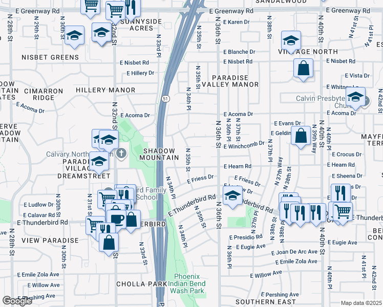 map of restaurants, bars, coffee shops, grocery stores, and more near 3515 East Winchcomb Drive in Phoenix