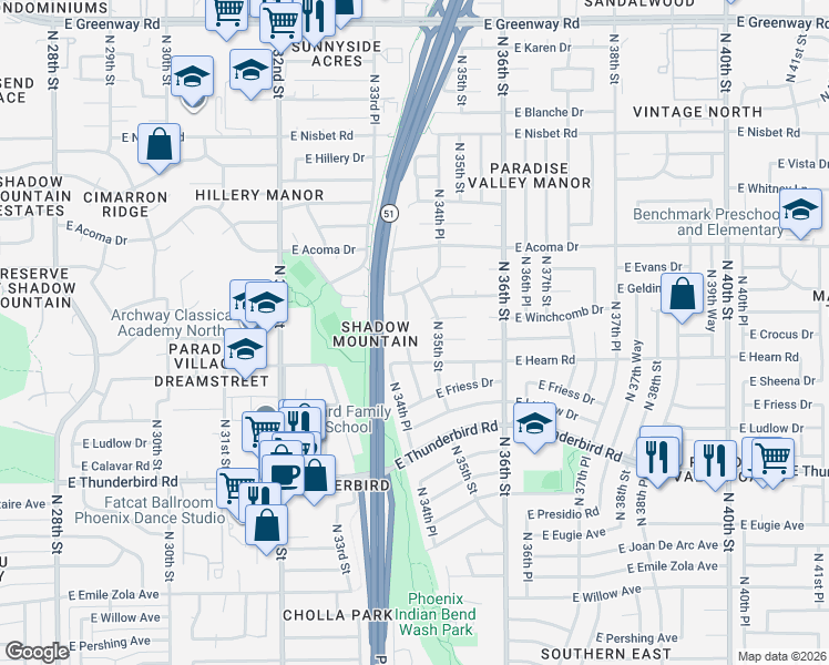 map of restaurants, bars, coffee shops, grocery stores, and more near 14231 North 34th Way in Phoenix