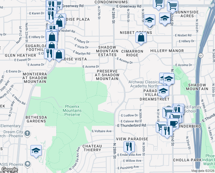 map of restaurants, bars, coffee shops, grocery stores, and more near 14234 North 27th Place in Phoenix
