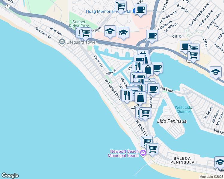 map of restaurants, bars, coffee shops, grocery stores, and more near 124 36th Street in Newport Beach