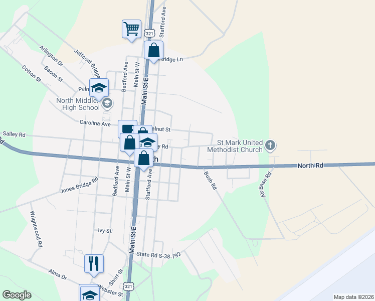 map of restaurants, bars, coffee shops, grocery stores, and more near 8406 Salley Road in North