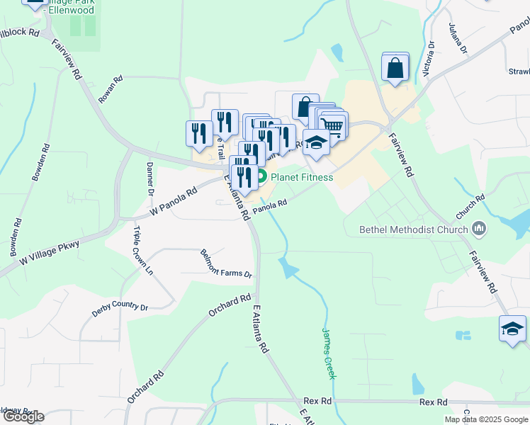 map of restaurants, bars, coffee shops, grocery stores, and more near 2064 Panola Road in Ellenwood