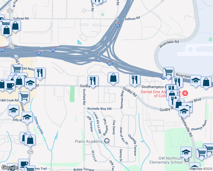 map of restaurants, bars, coffee shops, grocery stores, and more near 2135 Limetree Drive in College Park