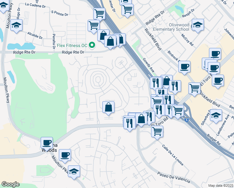 map of restaurants, bars, coffee shops, grocery stores, and more near 2210 Via Mariposa West in Laguna Woods