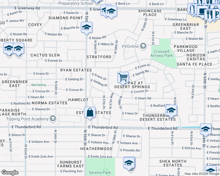 map of restaurants, bars, coffee shops, grocery stores, and more near 5745 East Gelding Drive in Scottsdale
