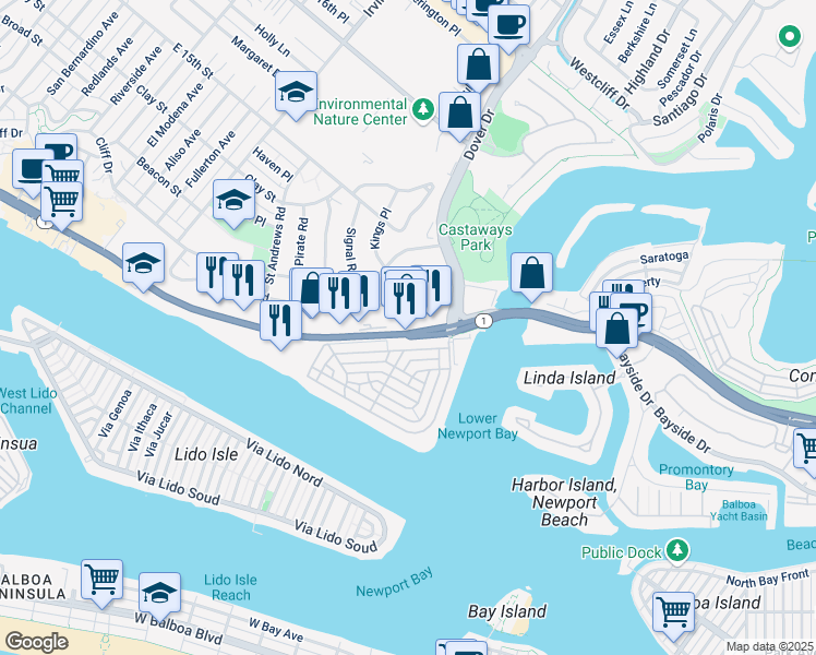 map of restaurants, bars, coffee shops, grocery stores, and more near 410 West Coast Highway in Newport Beach