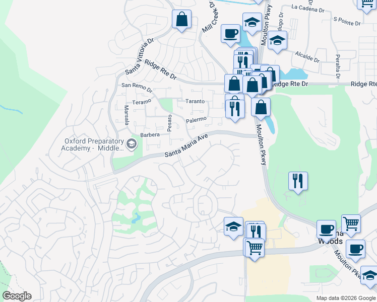 map of restaurants, bars, coffee shops, grocery stores, and more near 3094 Via Serena North in Laguna Hills