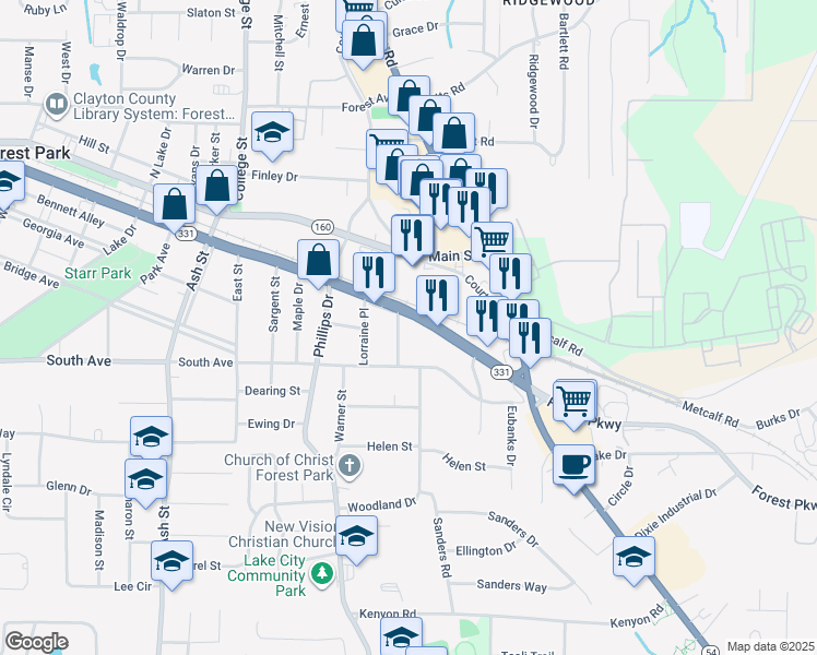 map of restaurants, bars, coffee shops, grocery stores, and more near 1113 Forest Parkway in Forest Park