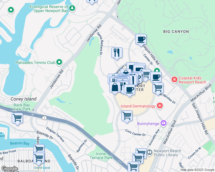 map of restaurants, bars, coffee shops, grocery stores, and more near 900 Newport Center Drive in Newport Beach