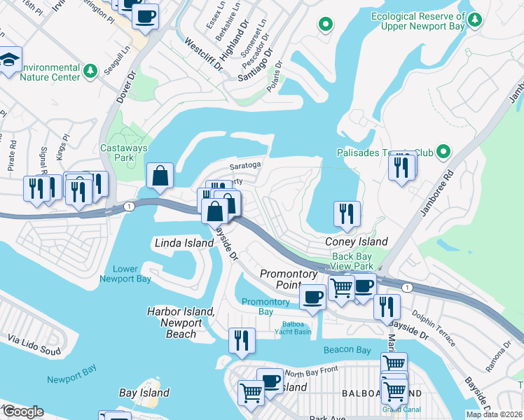 map of restaurants, bars, coffee shops, grocery stores, and more near 265 Mayflower Drive in Newport Beach