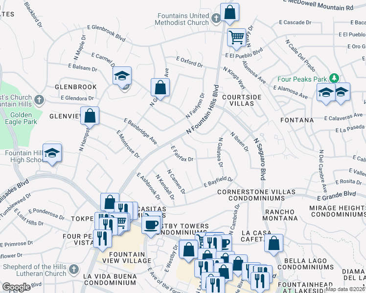 map of restaurants, bars, coffee shops, grocery stores, and more near 14238 North Edgeworth Drive in Fountain Hills