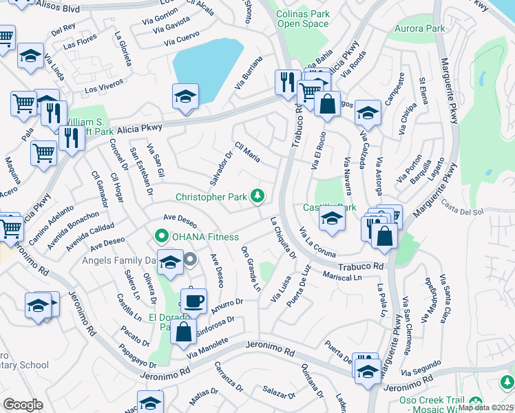 map of restaurants, bars, coffee shops, grocery stores, and more near 26801 Valpariso Drive in Mission Viejo