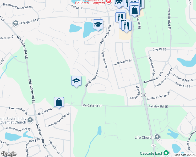 map of restaurants, bars, coffee shops, grocery stores, and more near 2905 Lighthouse Way Southeast in Conyers