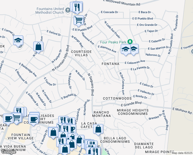 map of restaurants, bars, coffee shops, grocery stores, and more near 14258 North Boxwood Lane in Fountain Hills