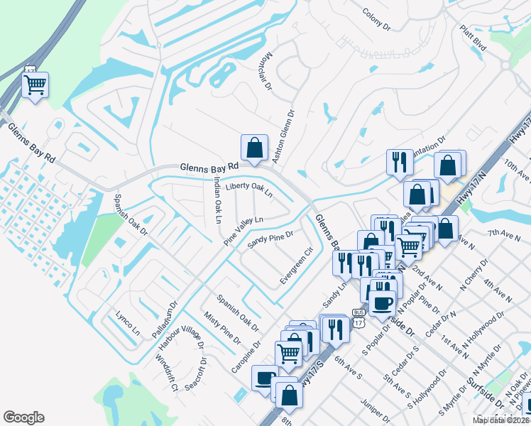 map of restaurants, bars, coffee shops, grocery stores, and more near 4 Lone Oak Lane in Myrtle Beach